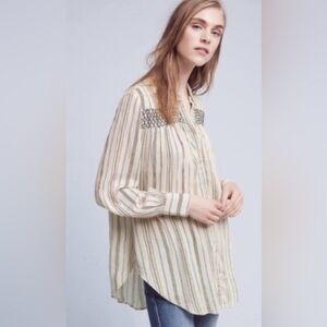 Anthropologie Floreat Northfork Striped Button Down Oversized Blouse XS Boho